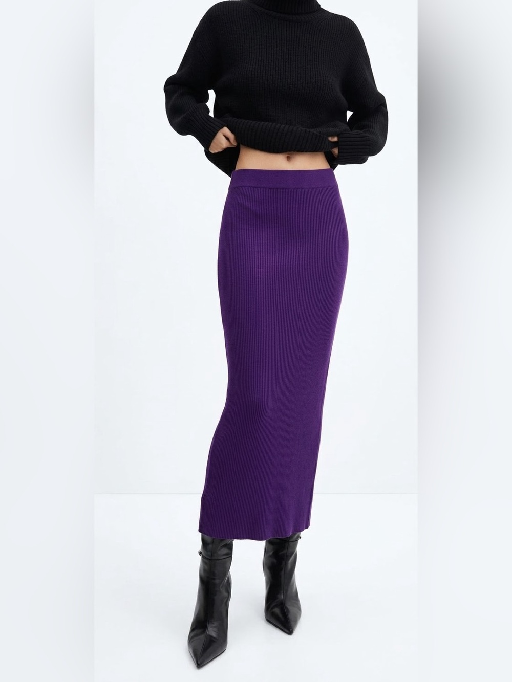MNG Mango Purple Ribbed Knit Column Midi Bodycon Chic Minimalist Skirt Size XXS